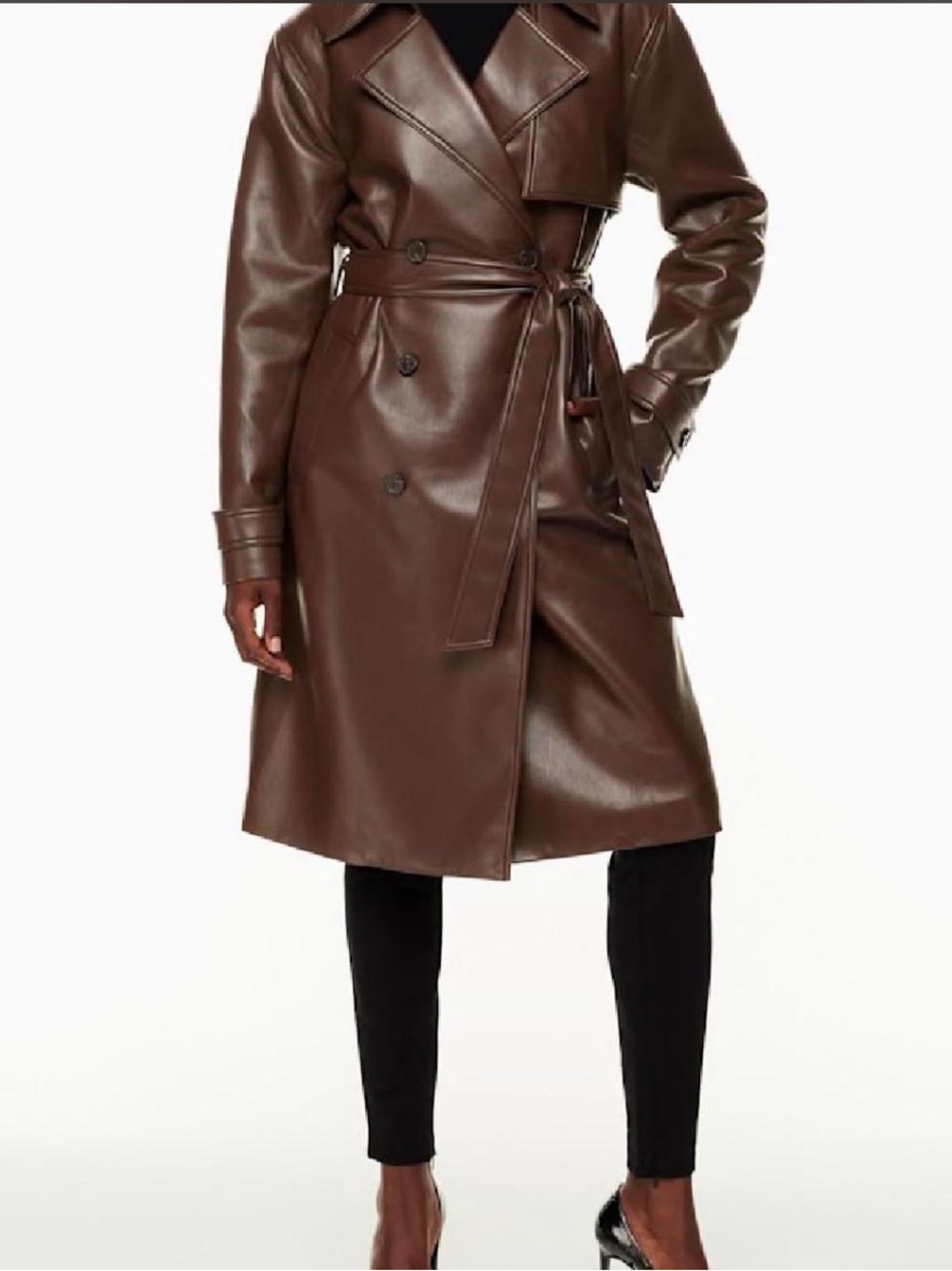 Aritzia Babaton Brown Faux-Leather Double-Breasted Trench Coat
